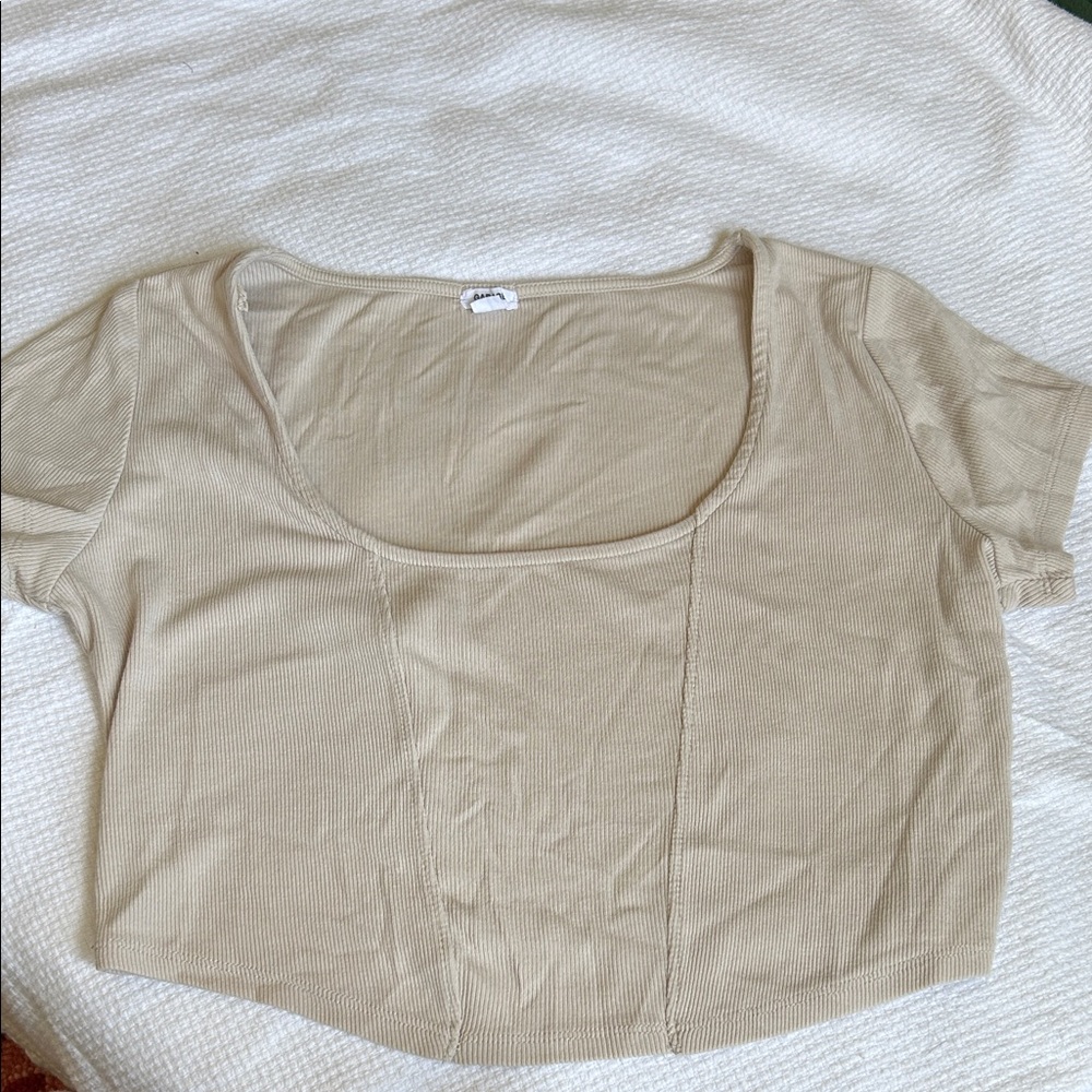 Garage beige Scoop Neck Short Sleeve Ribbed Top